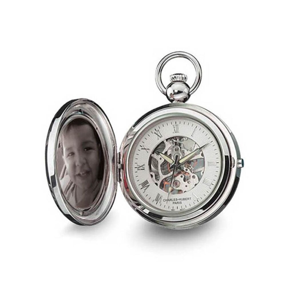 Charles Hubert Chrome Finish Brass 2-Photo Insert 48mm Pocket Watch